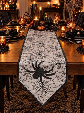 Liberty Halloween Spider Table Runner 13x72" Webs Spooky Scary Black Gray Party